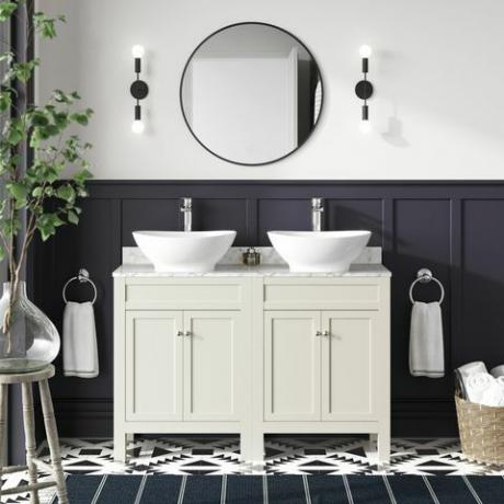 dubultā izlietne, bermudu krīta balts tualetes galdiņš ar marmora izlietni