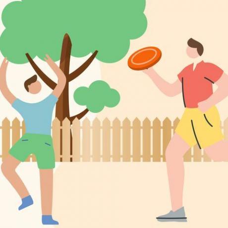 ilustrācija, dēļ, kalps, playing, frisbee, ar, bērns