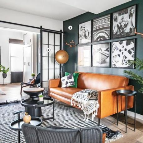 zaļa viesistaba ar oranžu ādas dīvānu