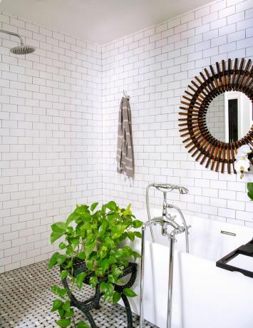 balta flīžu vannas istaba ar augu