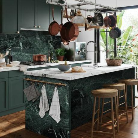 mūsdienīgs virtuves dizains, verde tinos marmora virtuve, kuras cena ir no £ 600 par m2, cullifords