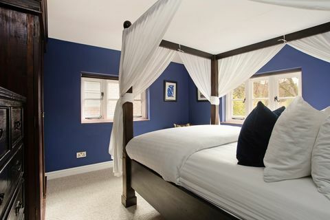 zila guļamistaba ar gultu ar baldahīnu