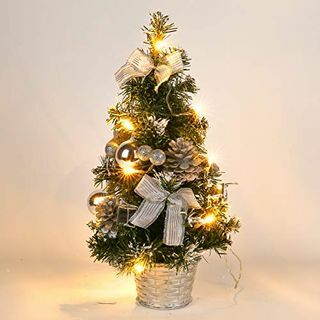 Mrinb maza Ziemassvētku eglīte ar gaismām, neliela darbvirsmas dekorācijas eglīte mājas biroja iepirkšanās bāram (sudrabs)