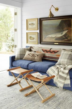 zemniecisks viesistaba ar zilu dīvānu, ādas izkārnījumiem un zivju mākslas darbiem