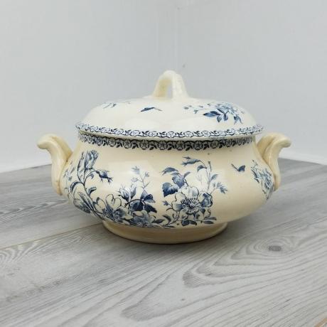 Krāšņs antīks franču 1900. gadu sākuma Gien porcelāns Deep Blue Mai Transferware TureenSoupière